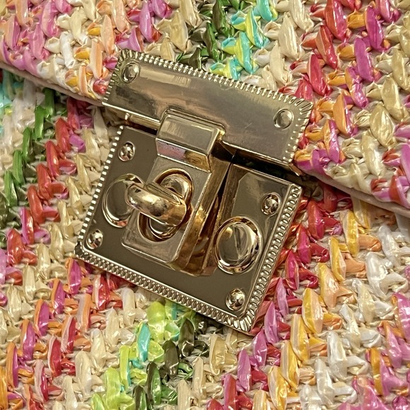 Straw Handbag Purse Colorful Boho Beach Gold Chain Strap Pink Rainbow‎ Fun - Picture 7 of 7